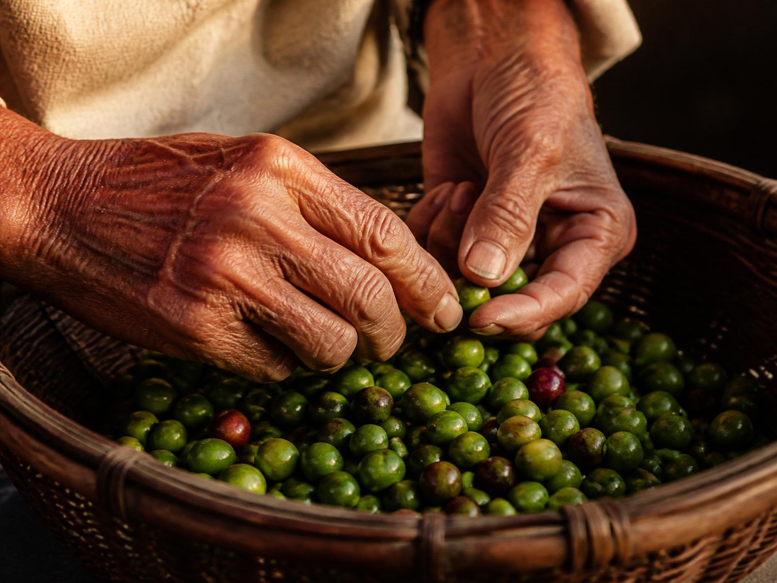Hands sorting coffee cherries
